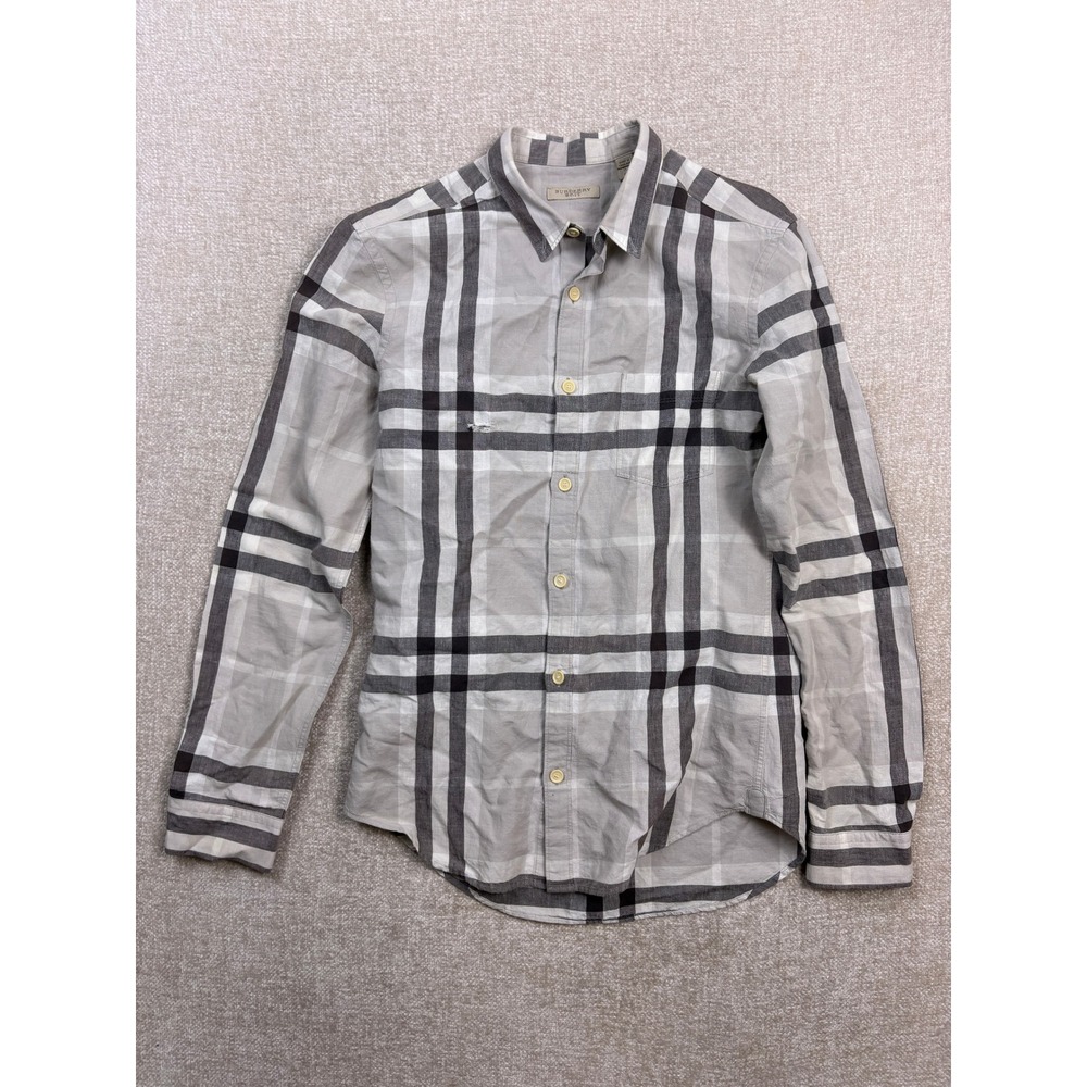 Burberry Brit Mens Grey Black Check Linen Cotton Button Down Shirt Size S P